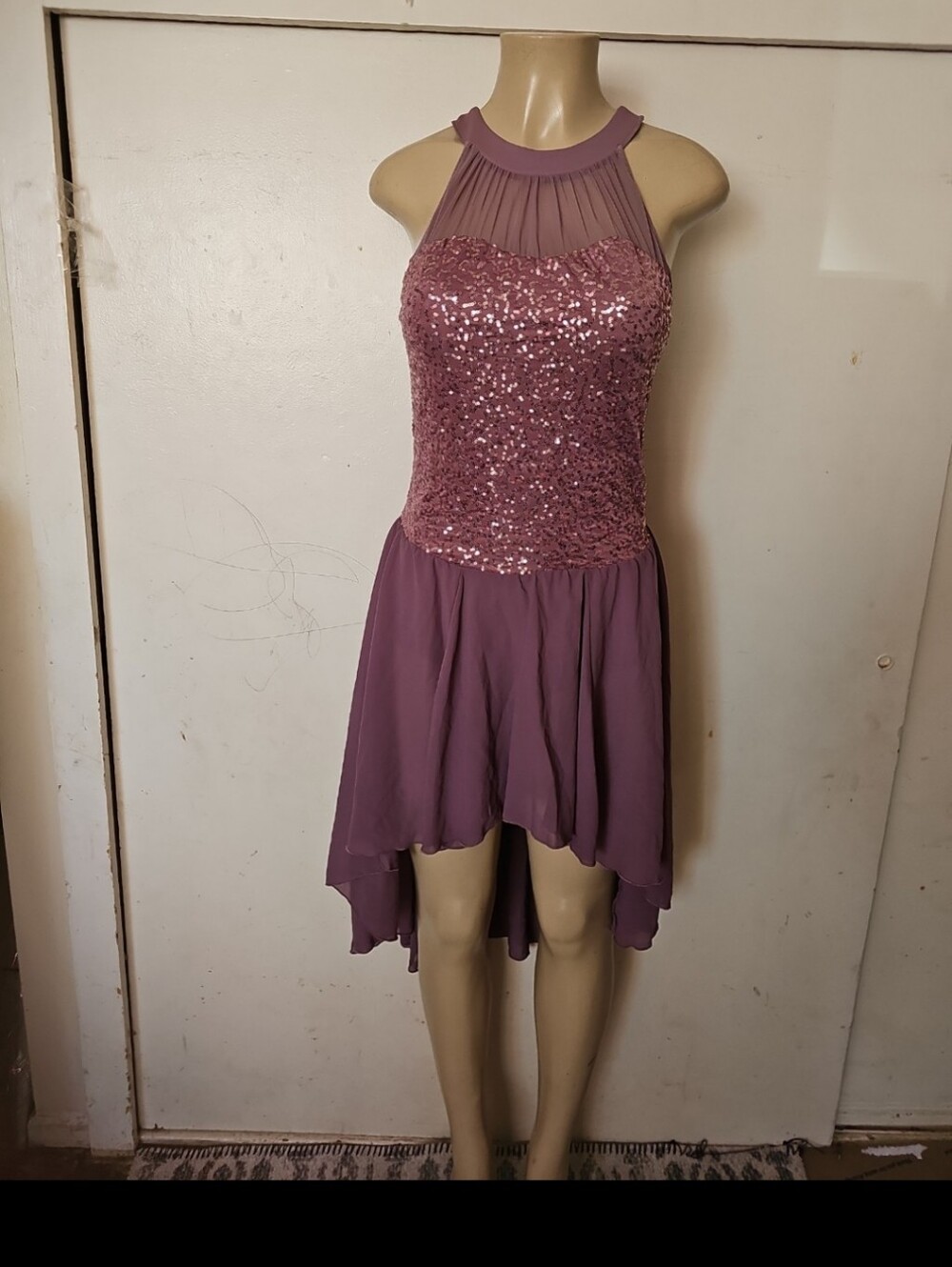 Weissman Mauve Sequin Halter High-Low Dress